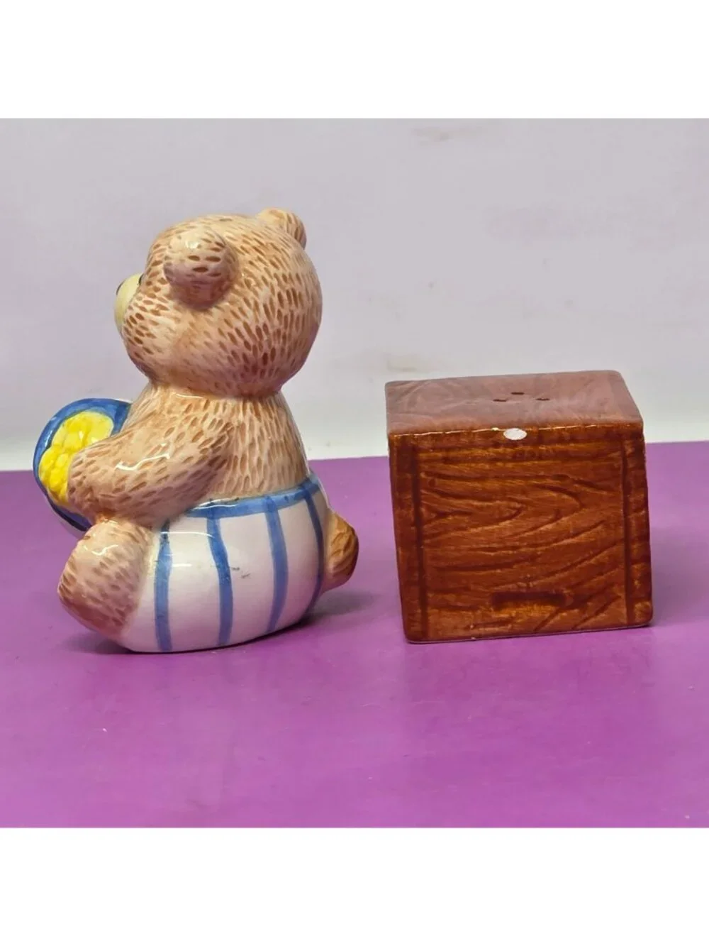 Ceramic Teddy Bear Honey Pot Salt Pepper Shakers Vintage Brown Blue Hand-Painted